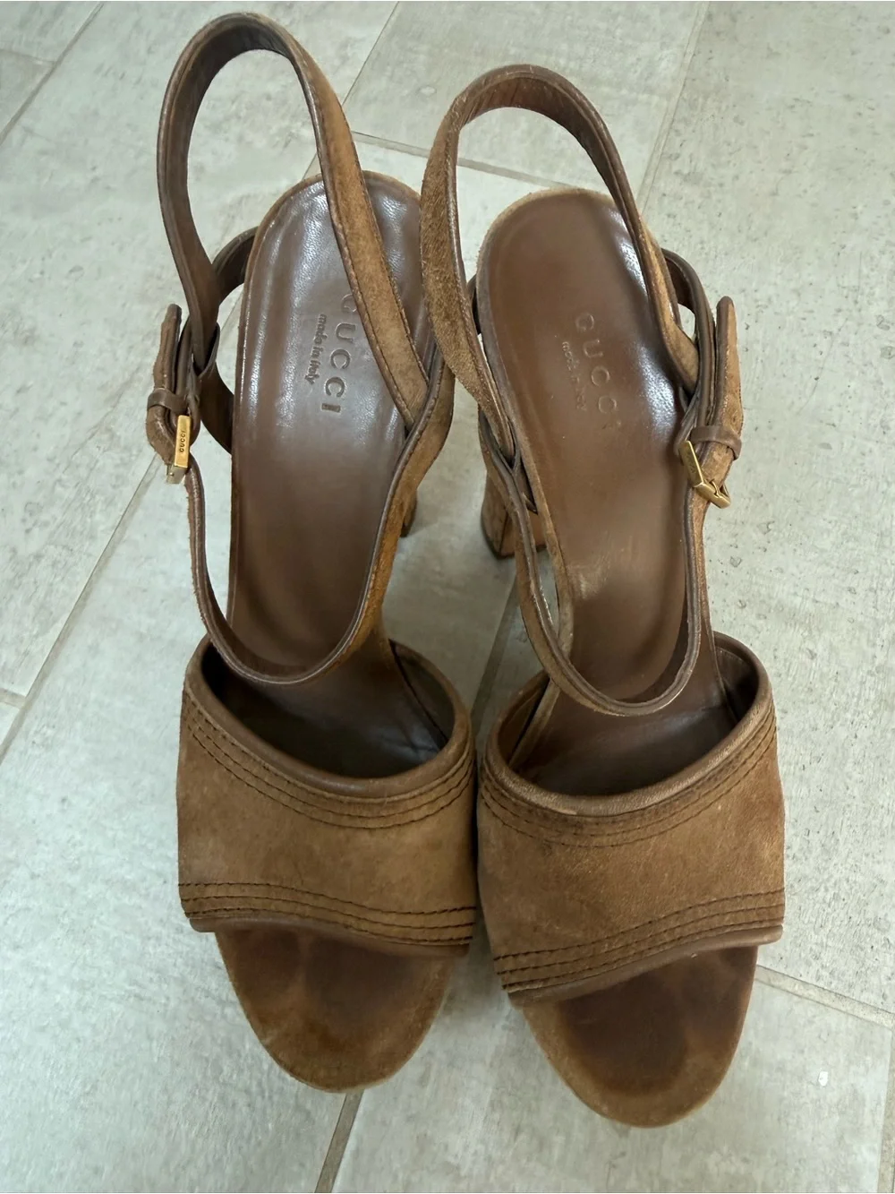 Gucci Tan Suede Cork Platform Sandals
